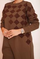 Tesettür giyim KAHVE SİMLİ KARE DESENLİ PANTOLONLU TRİKO TAKIM 1592	