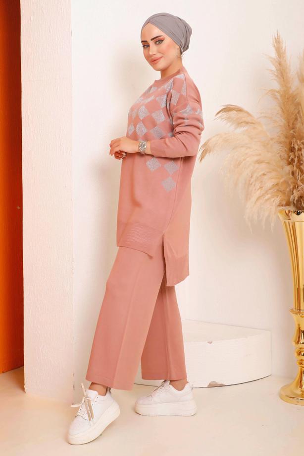 Vêtements hijab POUDRE COSTUME PANTALON EN MAILLE À CARREAUX ARGENTÉS 1592 - TRENDTESETTÜR