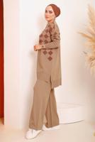 Tesettür giyim TABA SİMLİ KARE DESENLİ PANTOLONLU TRİKO TAKIM 1592	