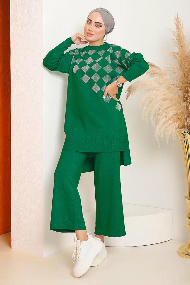 Vêtements hijab VERT COSTUME PANTALON EN MAILLE À CARREAUX ARGENTÉS 1592 - TRENDTESETTÜR