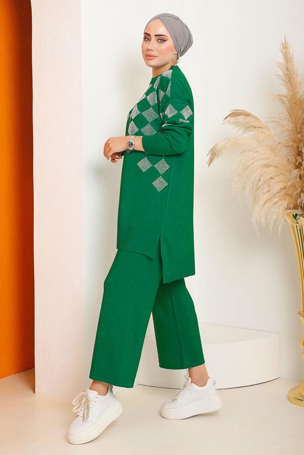 Vêtements hijab VERT COSTUME PANTALON EN MAILLE À CARREAUX ARGENTÉS 1592 - TRENDTESETTÜR