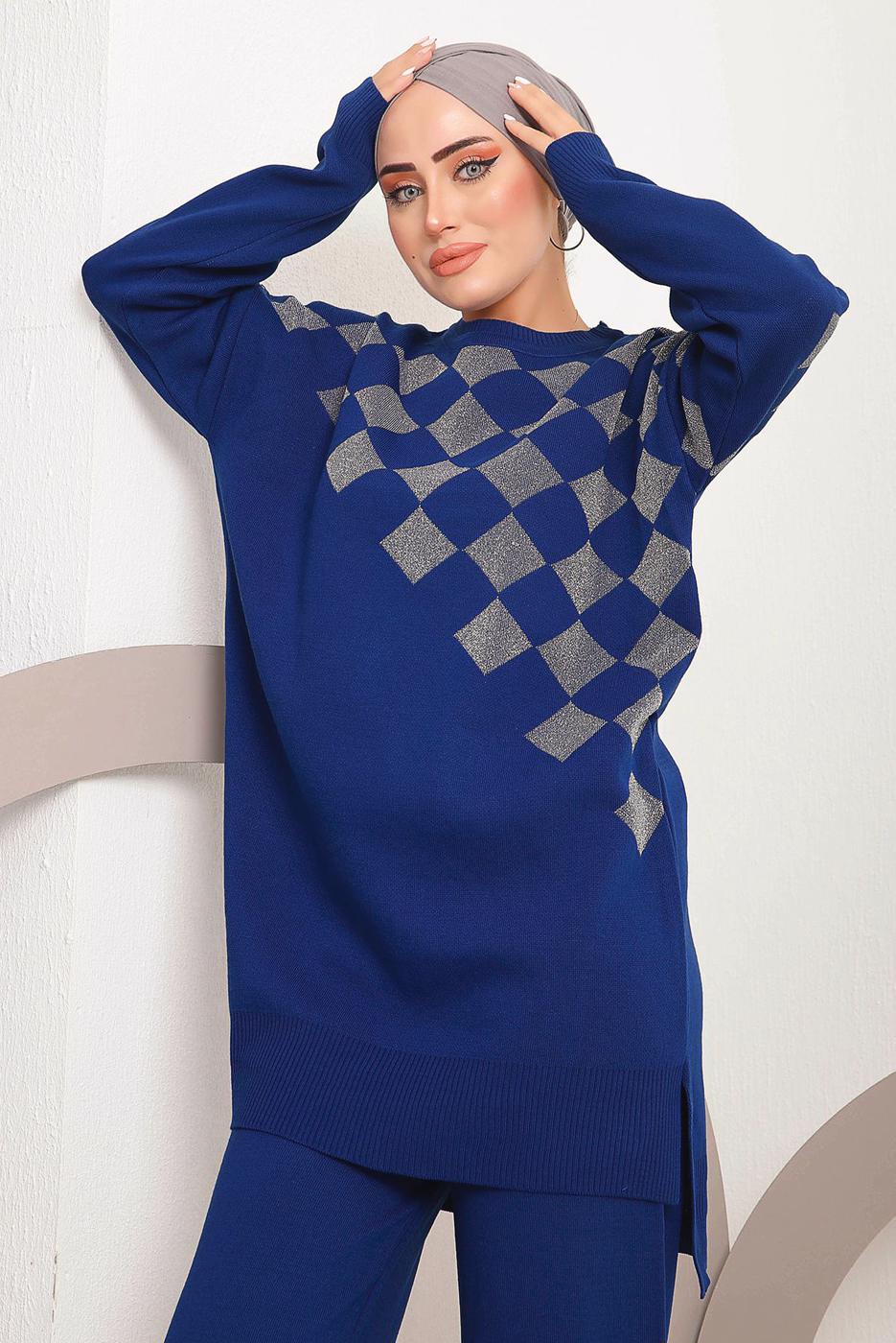 Tesettür giyim LACİVERT SİMLİ KARE DESENLİ PANTOLONLU TRİKO TAKIM 1592	