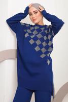 Tesettür giyim LACİVERT SİMLİ KARE DESENLİ PANTOLONLU TRİKO TAKIM 1592	