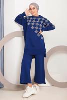 Tesettür giyim LACİVERT SİMLİ KARE DESENLİ PANTOLONLU TRİKO TAKIM 1592	