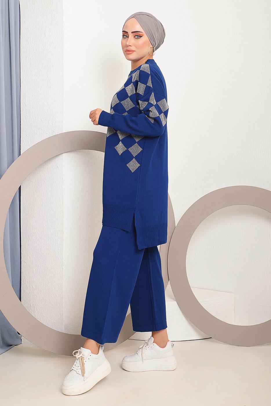 Tesettür giyim LACİVERT SİMLİ KARE DESENLİ PANTOLONLU TRİKO TAKIM 1592	