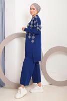 Tesettür giyim LACİVERT SİMLİ KARE DESENLİ PANTOLONLU TRİKO TAKIM 1592	