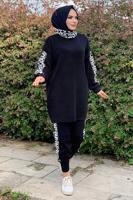 Tesettür giyim SİYAH DESENLİ İKİLİ TRİKO TAKIM 2834 