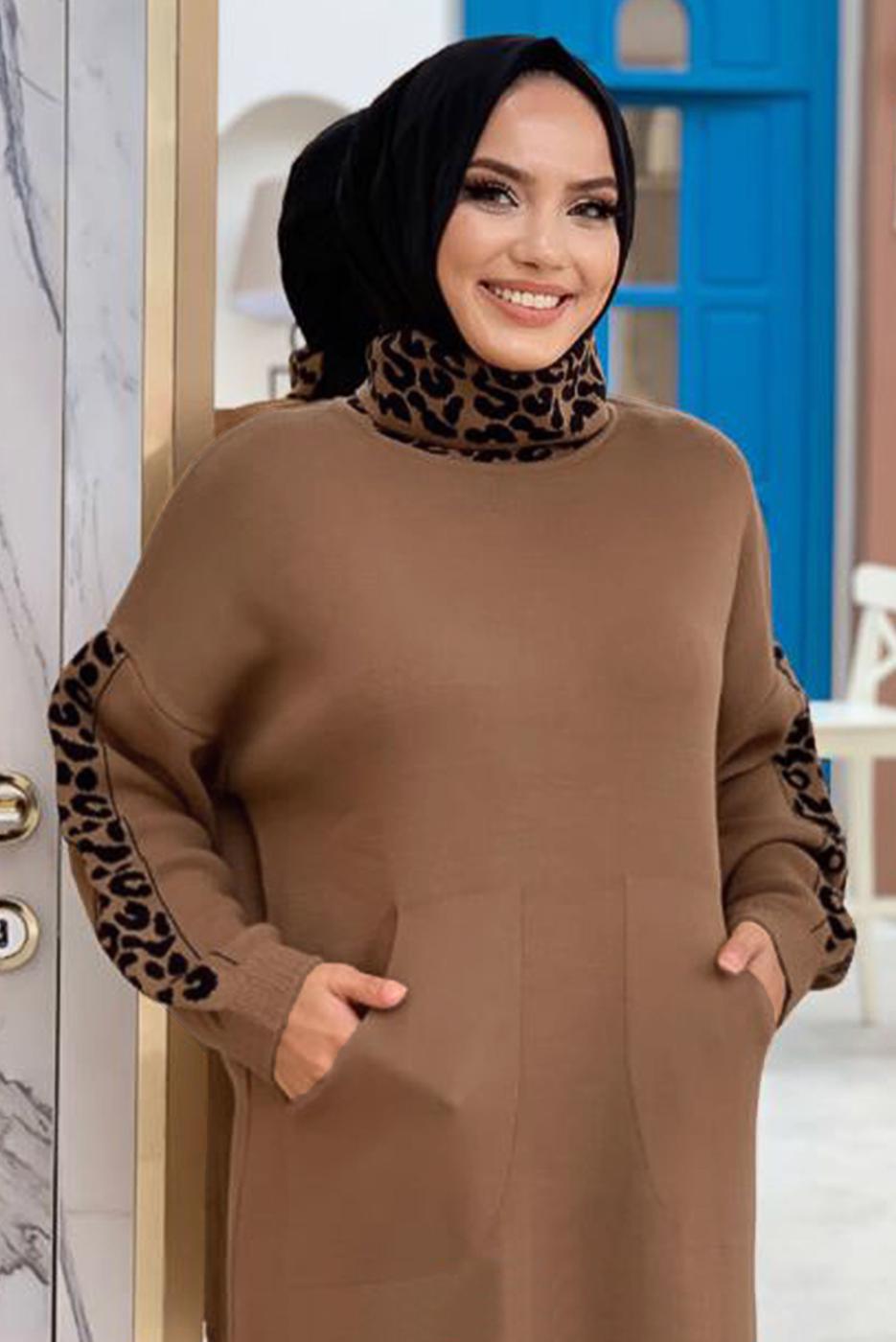 Tesettür giyim TABA DESENLİ İKİLİ TRİKO TAKIM 2834 