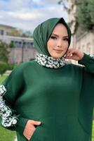 Tesettür giyim YEŞİL DESENLİ İKİLİ TRİKO TAKIM 2834 