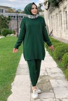 Tesettür giyim YEŞİL DESENLİ İKİLİ TRİKO TAKIM 2834 