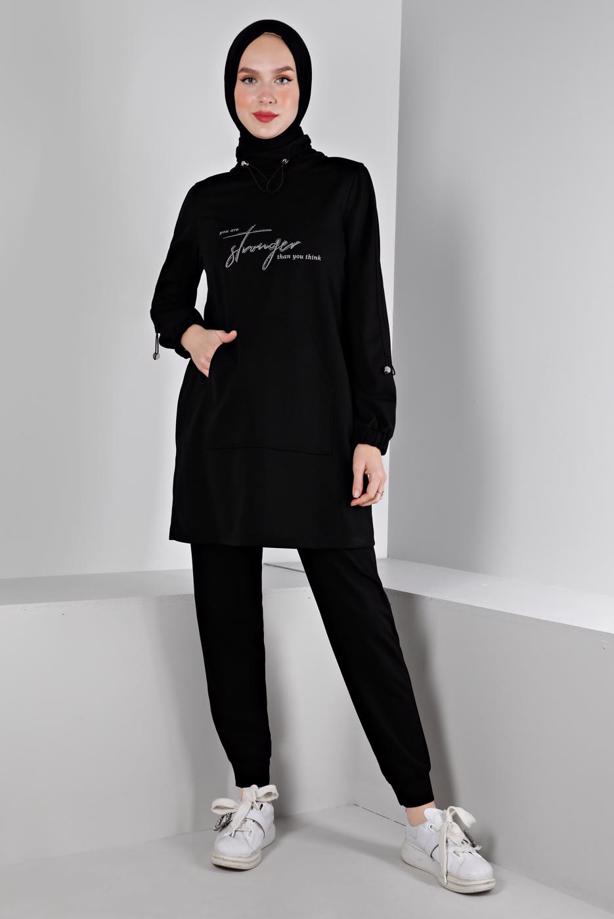 Hijab clothing BLACK ALVINA PRINTED TRACKSUIT SET T 43365 - TRENDTESETTÜR