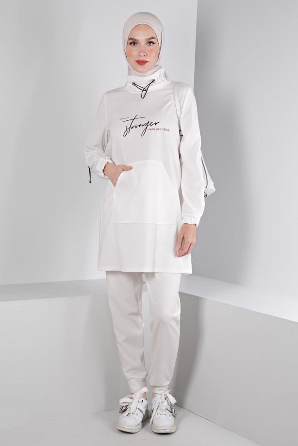 Hijab clothing CREAM ALVINA PRINTED TRACKSUIT SET T 43365 - TRENDTESETTÜR