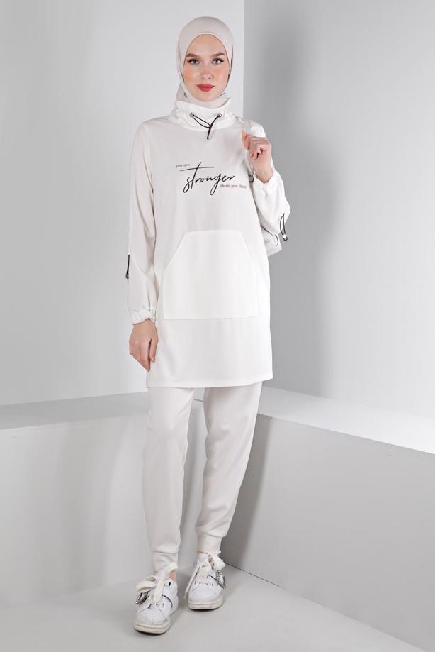 Hijab clothing CREAM ALVINA PRINTED TRACKSUIT SET T 43365 - TRENDTESETTÜR
