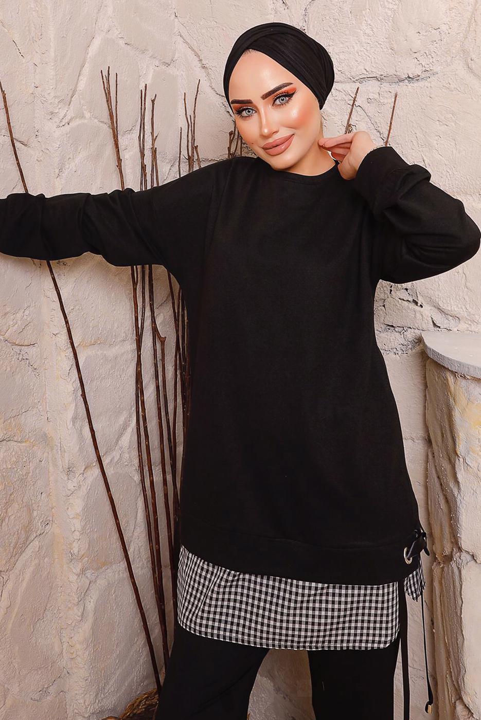 Tesettür giyim SİYAH BAĞLAMA DETAYLI PANTOLONLU TAKIM 6272 