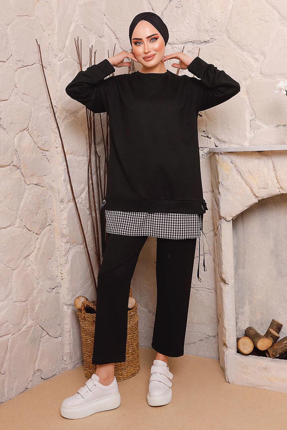 Tesettür giyim SİYAH BAĞLAMA DETAYLI PANTOLONLU TAKIM 6272 