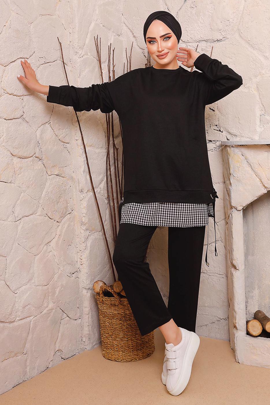 Tesettür giyim SİYAH BAĞLAMA DETAYLI PANTOLONLU TAKIM 6272 