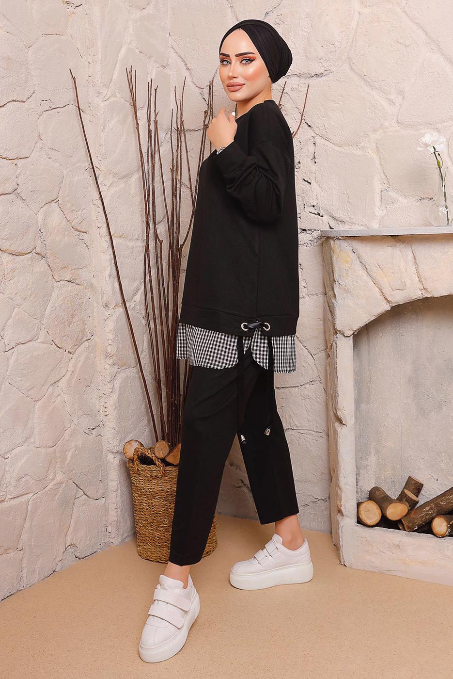 Tesettür giyim SİYAH BAĞLAMA DETAYLI PANTOLONLU TAKIM 6272 