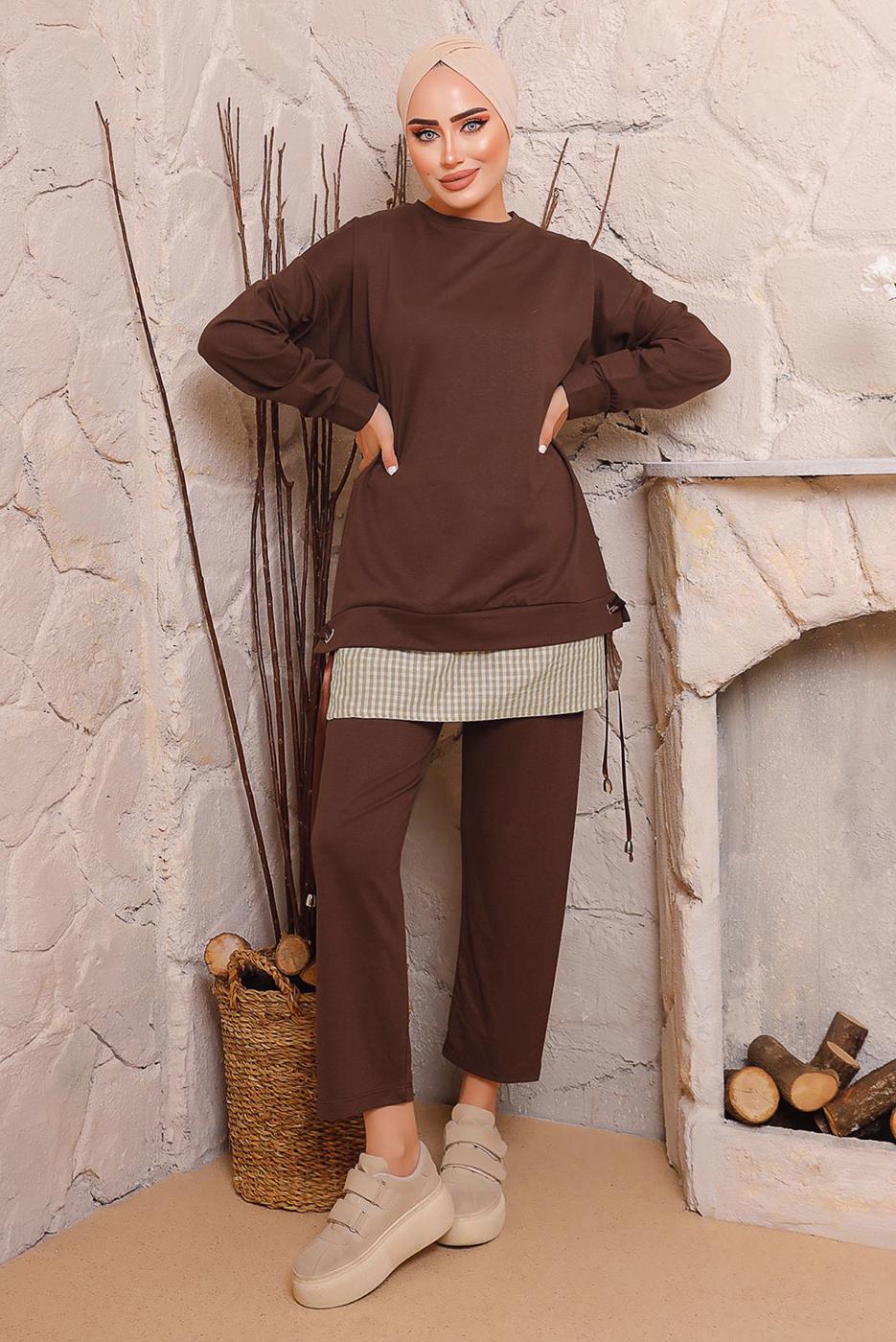Tesettür giyim KAHVE BAĞLAMA DETAYLI PANTOLONLU TAKIM 6272 