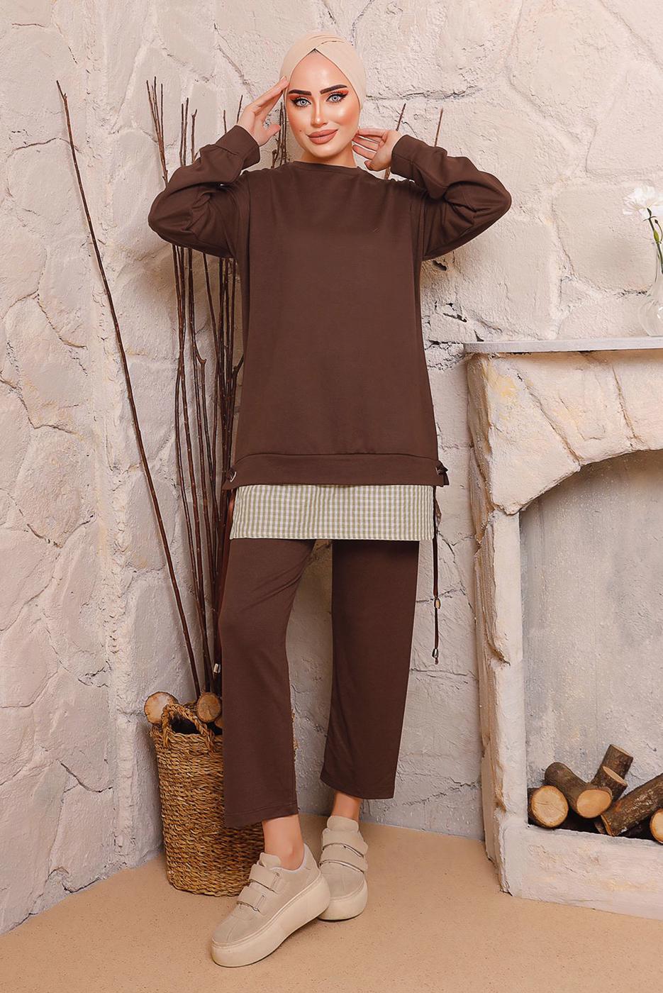 Tesettür giyim KAHVE BAĞLAMA DETAYLI PANTOLONLU TAKIM 6272 