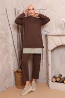 Tesettür giyim KAHVE BAĞLAMA DETAYLI PANTOLONLU TAKIM 6272 