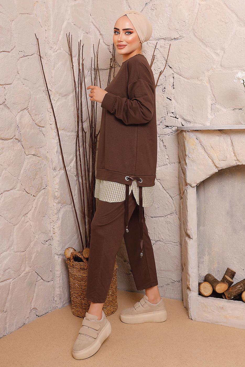Tesettür giyim KAHVE BAĞLAMA DETAYLI PANTOLONLU TAKIM 6272 