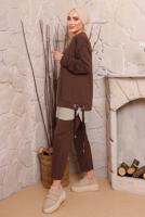 Tesettür giyim KAHVE BAĞLAMA DETAYLI PANTOLONLU TAKIM 6272 