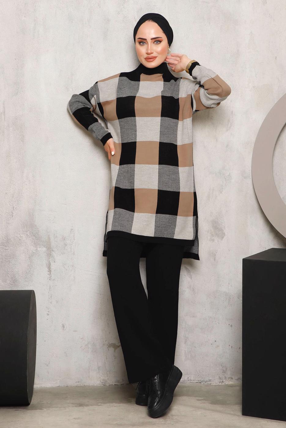 Vêtements hijab NOIR COSTUME PANTALON EN MAILLE À CARREAUX 7292