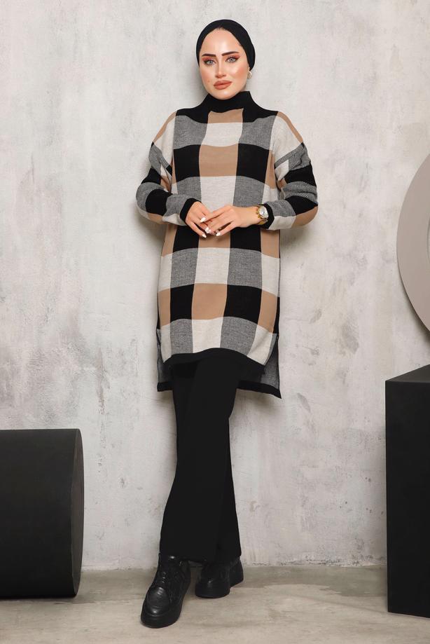 Vêtements hijab NOIR COSTUME PANTALON EN MAILLE À CARREAUX 7292 - TRENDTESETTÜR