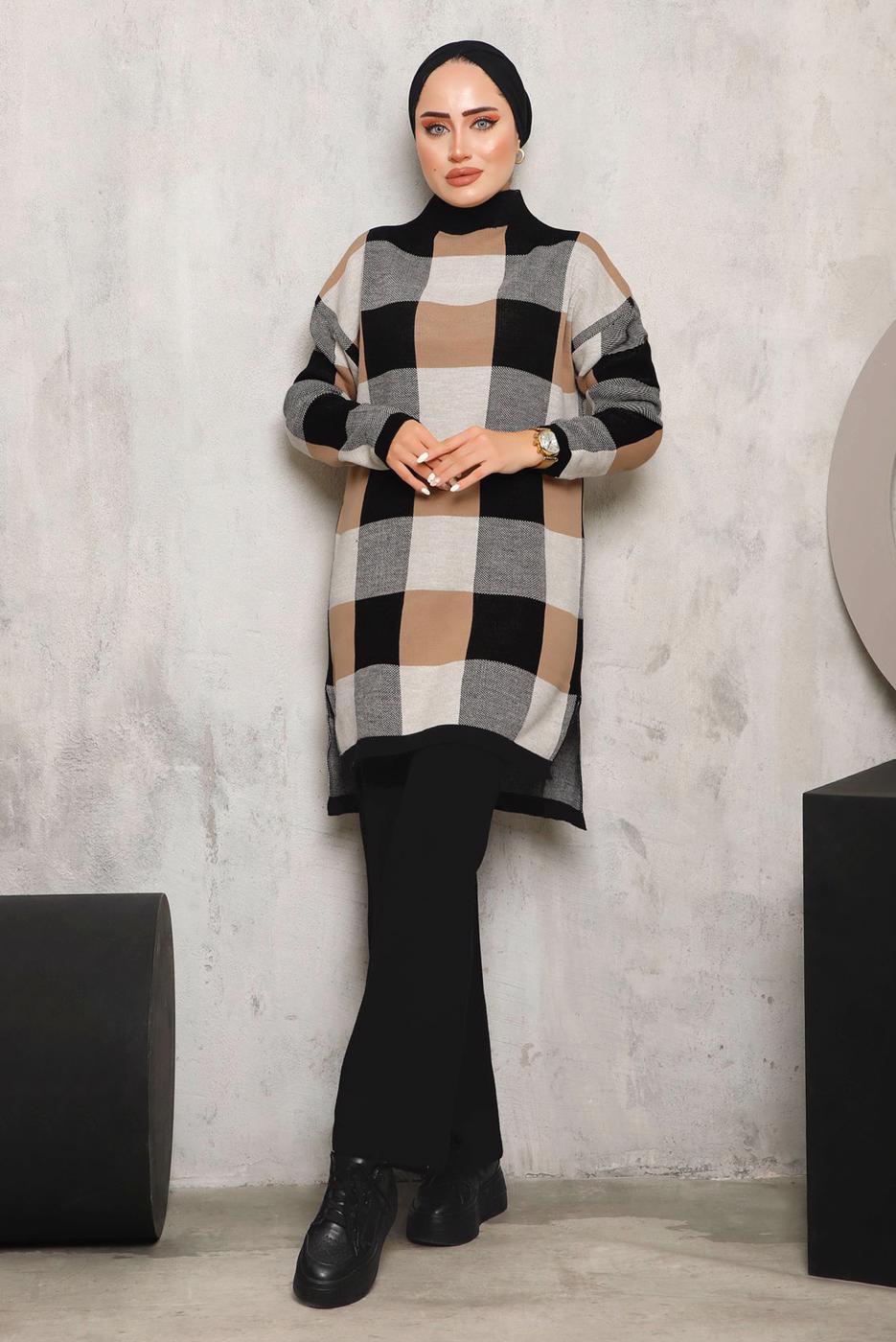 Vêtements hijab NOIR COSTUME PANTALON EN MAILLE À CARREAUX 7292