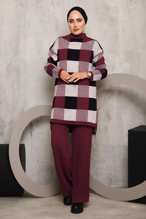 Vêtements hijab ROUGE BORDEAUX COSTUME PANTALON EN MAILLE À CARREAUX 7292 - TRENDTESETTÜR