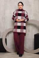 Vêtements hijab ROUGE BORDEAUX COSTUME PANTALON EN MAILLE À CARREAUX 7292