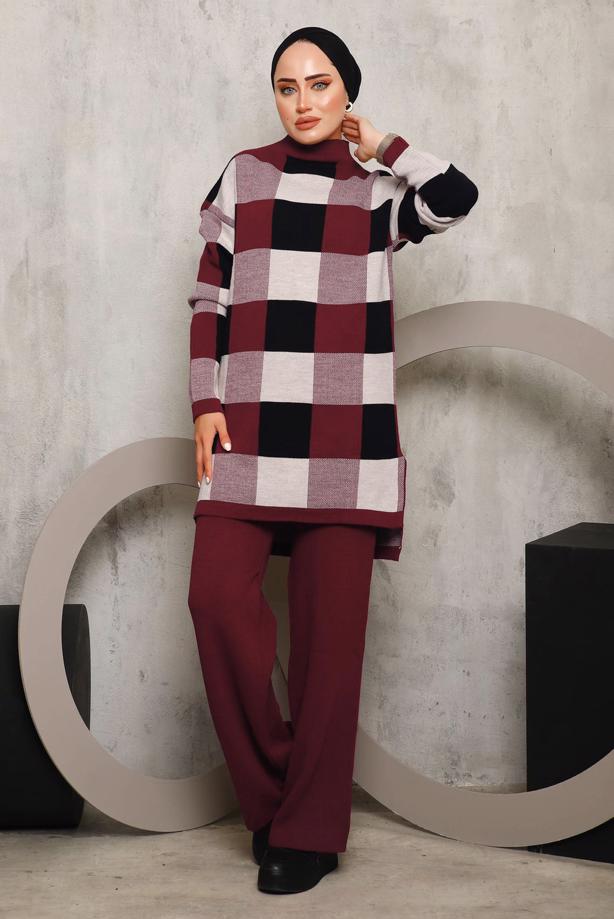 Vêtements hijab ROUGE BORDEAUX COSTUME PANTALON EN MAILLE À CARREAUX 7292 - TRENDTESETTÜR