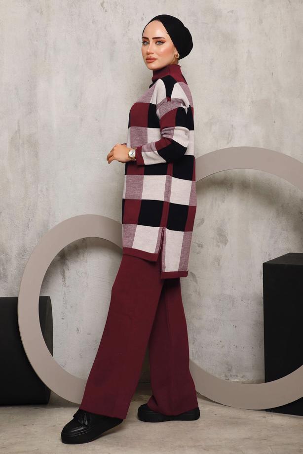 Vêtements hijab ROUGE BORDEAUX COSTUME PANTALON EN MAILLE À CARREAUX 7292 - TRENDTESETTÜR