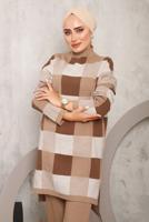 Tesettür giyim KAHVE EKOSE PANTOLONLU TRİKO TAKIM 7292