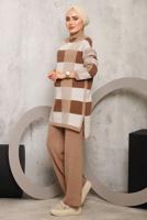 Tesettür giyim KAHVE EKOSE PANTOLONLU TRİKO TAKIM 7292