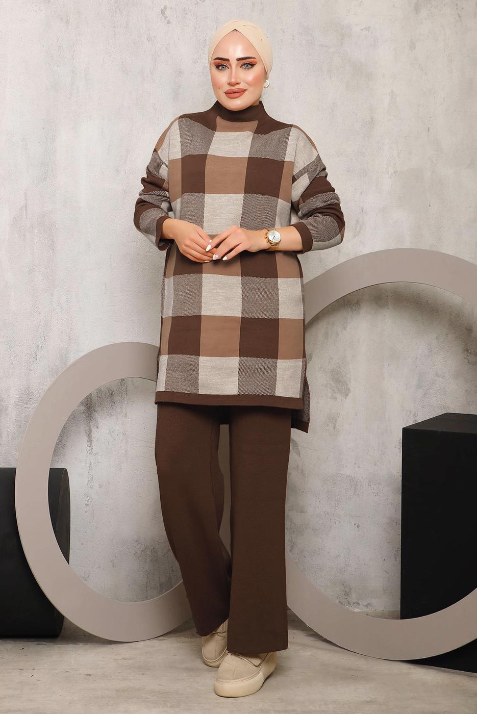 Vêtements hijab BRUN COSTUME PANTALON EN MAILLE À CARREAUX 7292
