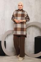 Vêtements hijab BRUN COSTUME PANTALON EN MAILLE À CARREAUX 7292