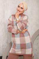 Tesettür giyim PUDRA EKOSE PANTOLONLU TRİKO TAKIM 7292