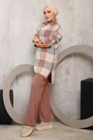 Tesettür giyim PUDRA EKOSE PANTOLONLU TRİKO TAKIM 7292