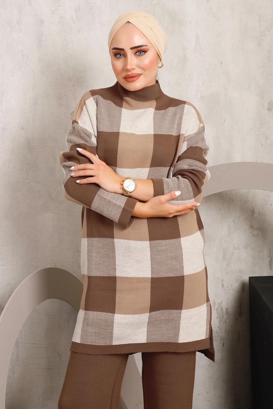 Tesettür giyim TABA EKOSE PANTOLONLU TRİKO TAKIM 7292