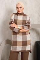 Tesettür giyim TABA EKOSE PANTOLONLU TRİKO TAKIM 7292