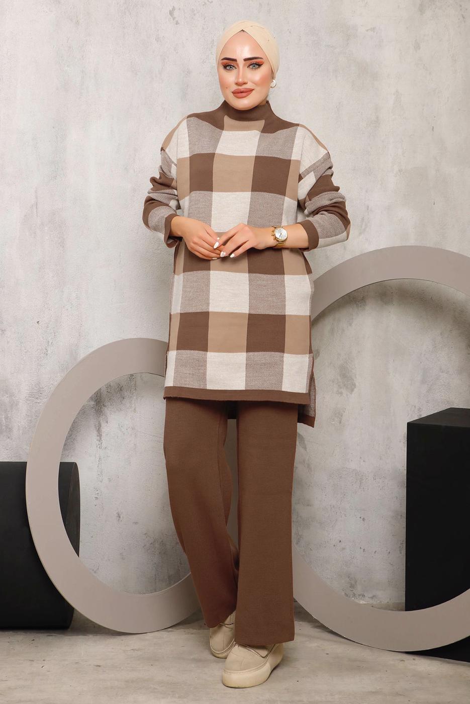 Tesettür giyim TABA EKOSE PANTOLONLU TRİKO TAKIM 7292