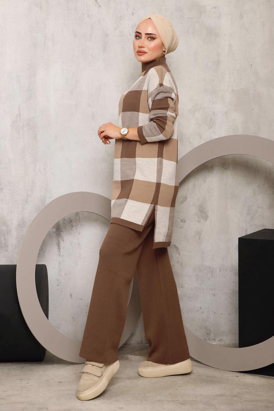 Tesettür giyim TABA EKOSE PANTOLONLU TRİKO TAKIM 7292