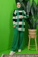 Tesettür giyim YEŞİL EKOSE PANTOLONLU TRİKO TAKIM 7292