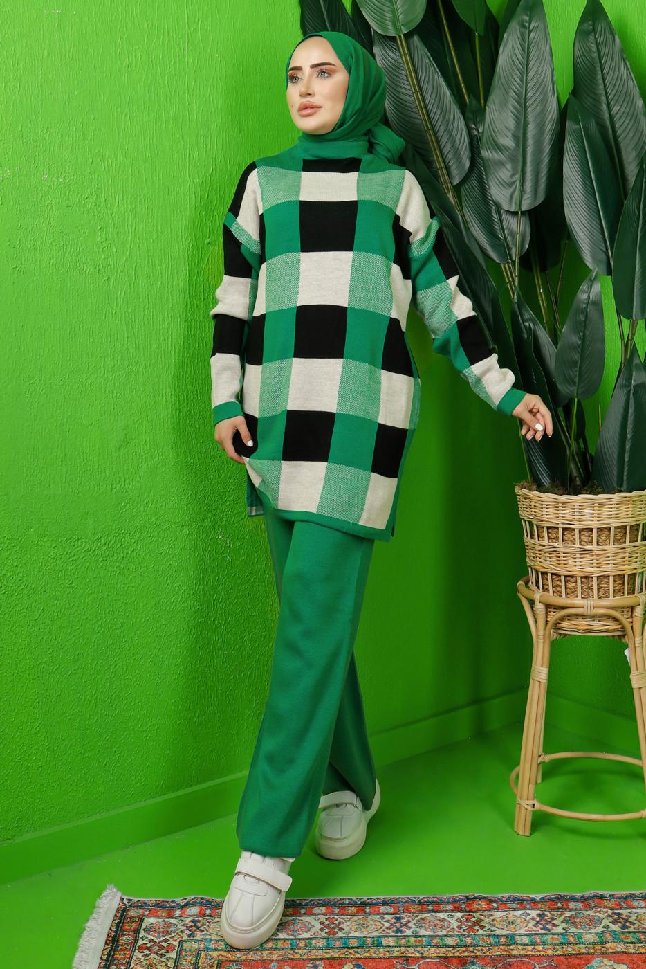 Tesettür giyim YEŞİL EKOSE PANTOLONLU TRİKO TAKIM 7292