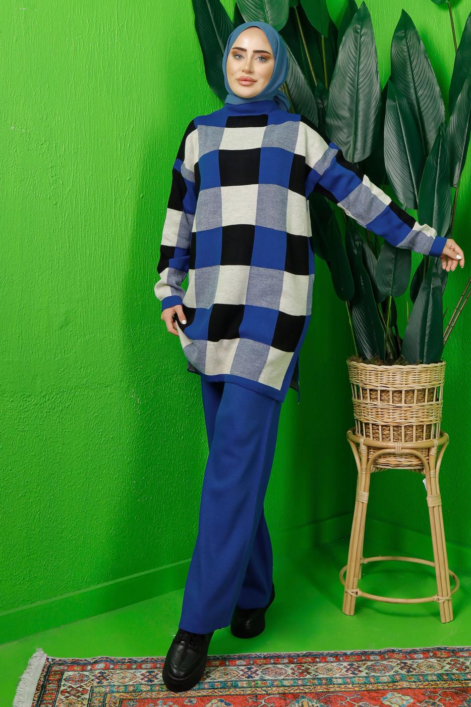 Tesettür giyim LACİVERT EKOSE PANTOLONLU TRİKO TAKIM 7292