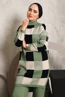 Tesettür giyim YEŞİL EKOSE PANTOLONLU TRİKO TAKIM 7292