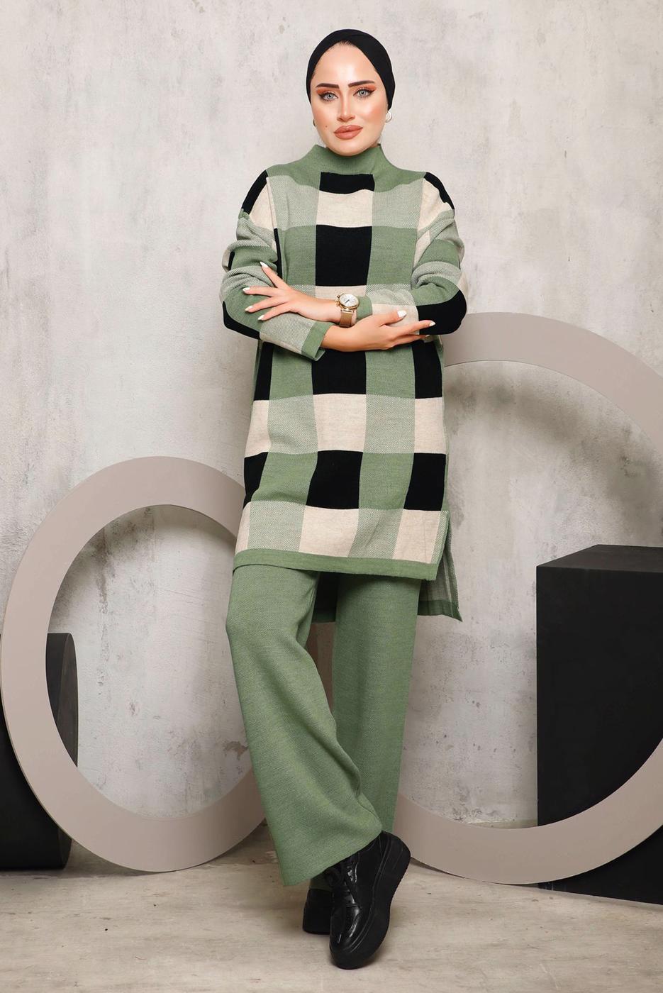 Tesettür giyim YEŞİL EKOSE PANTOLONLU TRİKO TAKIM 7292