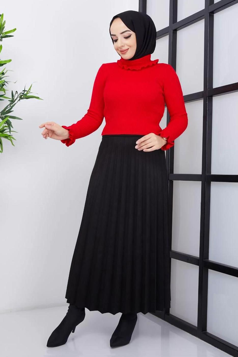Tesettür giyim SİYAH PİLİSELİ SÜET ETEK 1698