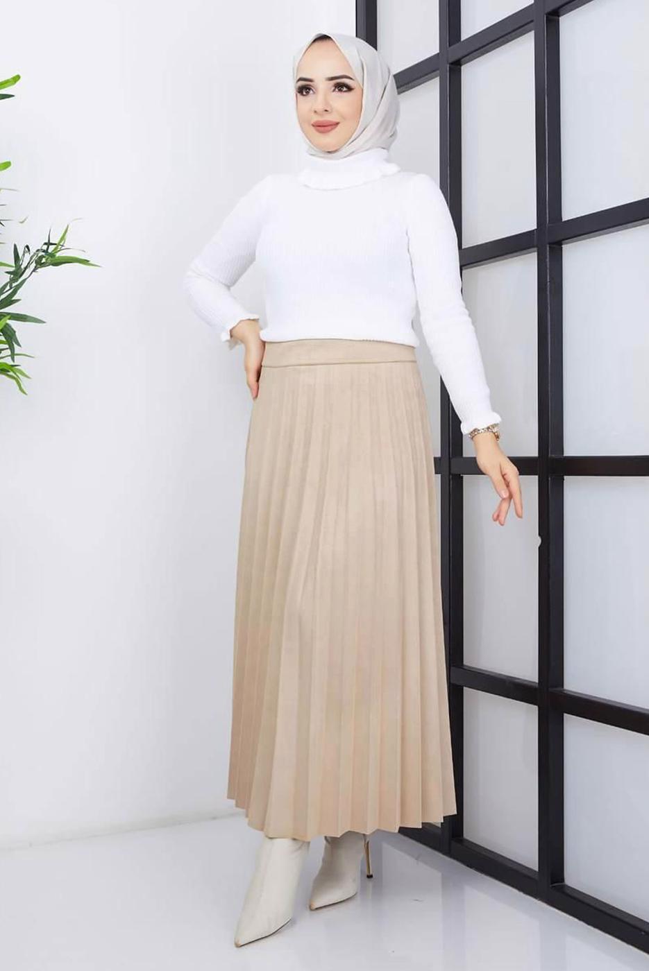 Tesettür giyim BEJ PİLİSELİ SÜET ETEK 1698